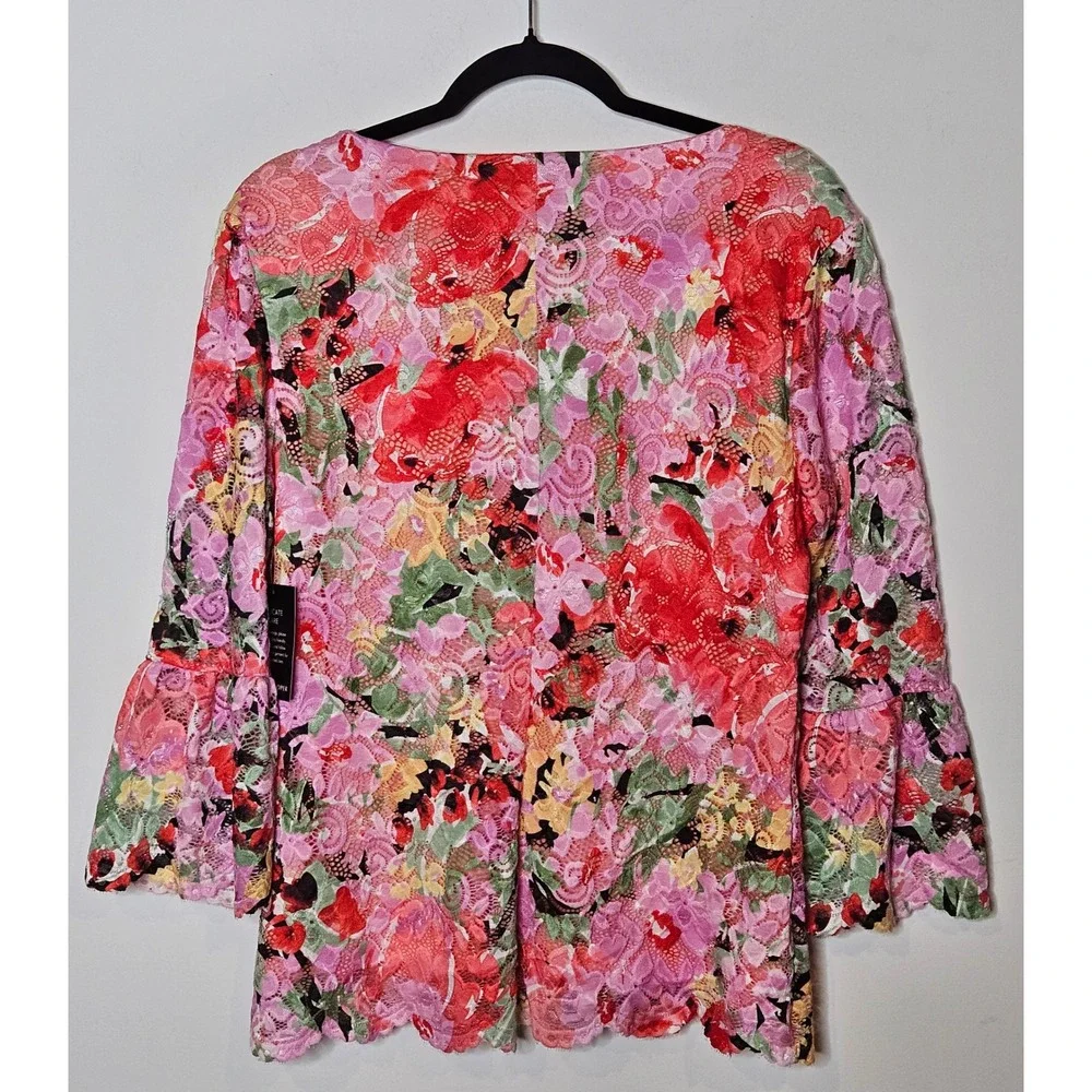 Boston Proper NEW Printed V Neck Scalloped Lace Top Floral Womens Large Vibrant - Picture 5 of 5